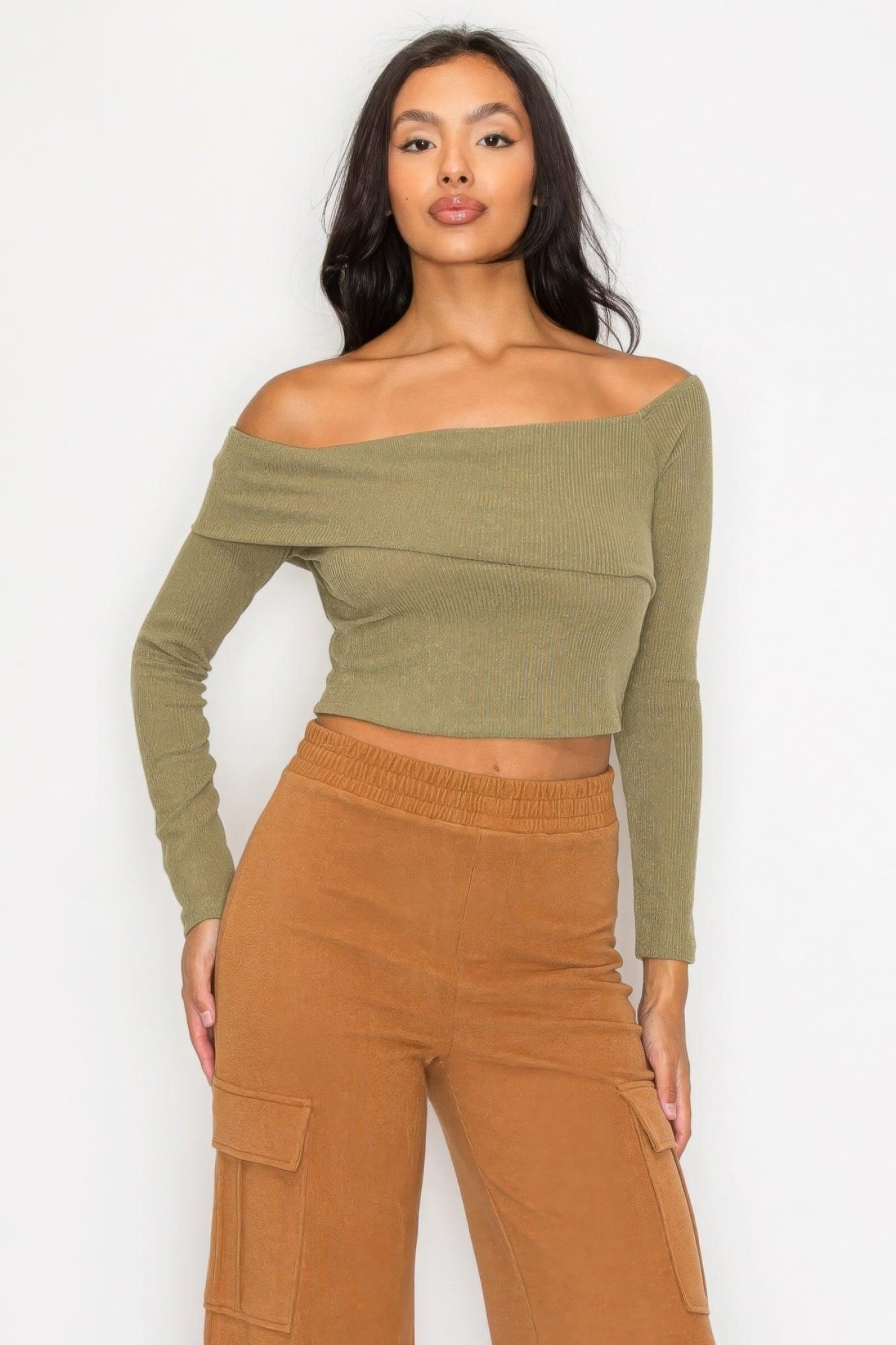 Bardot ribbed long sleeve crop top